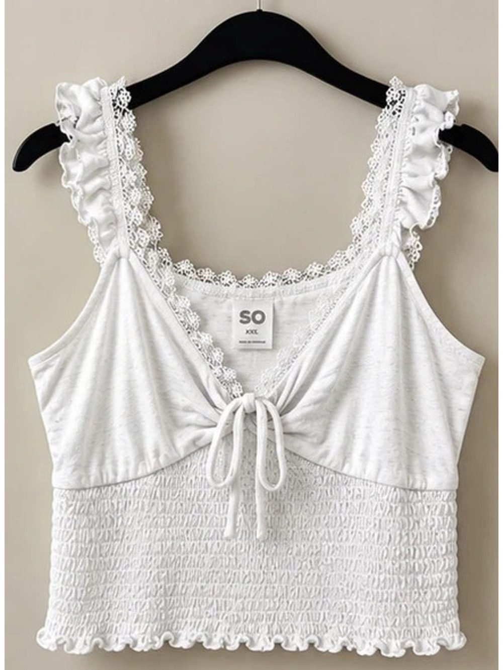 SO White Lace-Trim Tie-Front Smocked Crop Top XXL